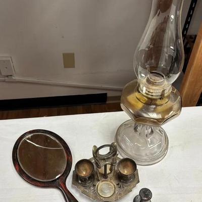 Silver-plated Egg Cruet Set Stand, Faux Tortoise Shell Hand Mirror And Lantern