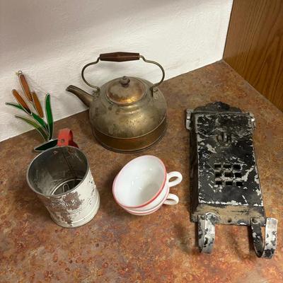 Vintage Metal Mailbox, Androck Hand-i-Sift Jr, 2 Milkglass Teacups, Copper Kettle, Stained Glass