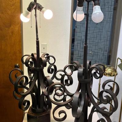 Heavy Pair Of Vintage French-style Wrought Iron Table Lamps 