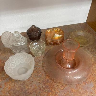 Unique MCM Glassware Lot - Pink Indiana Glass, Marigold Carnival Glass, Turkey Shaped Bowl & More