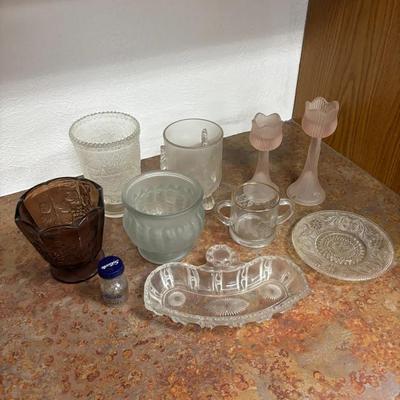 Vintage MCM Glassware Lot: Silicote Bottle, Pink Frosted Glass Tulip Candle Holders, Fenton Vase…