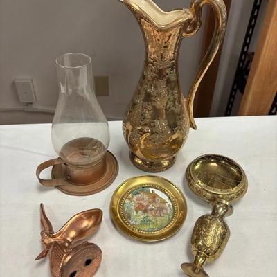 Vintage Weeping Gold Style Vase, Etched Brass Indian Vase/Bowl, Pelican Cigar Holder, And Lantern