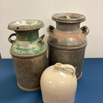 Two Antique Metal Milk Cans & Corked Crock