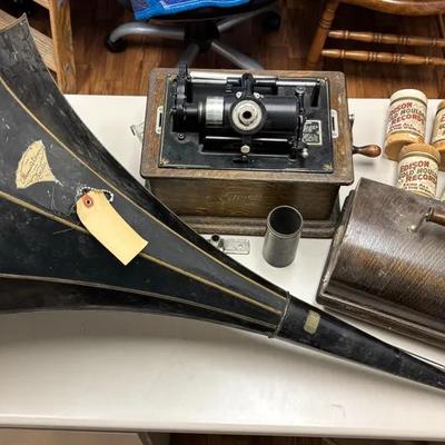 Antique Edison Cylinder Phonograph With Morning Glory Horn And Large Box Of Gold Moulded Records