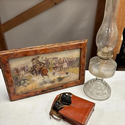 ‘Bronc To Breakfast’ Print By Charles Marion Russell, Ornate Glass Lantern And Binoculars