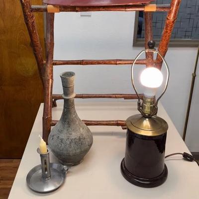 Vintage Wooden And Leather Tray, Desk Lamp, Vase And Retractable Candle Holder