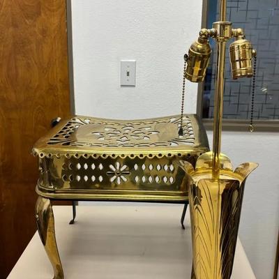 Leviton Brass Leaf Pattern Table Lamp And A Brass And Iron Footman (Kettle Trivet)