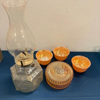 Vintage Kerosene Lamp & Fire-King Peach Tea Cups W/ Sugar Container