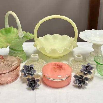 Whimsical Pastel Glassware: Fenton Basket, Milk glass, Candlestick Holders, Stone Jewelry Case, Etc.