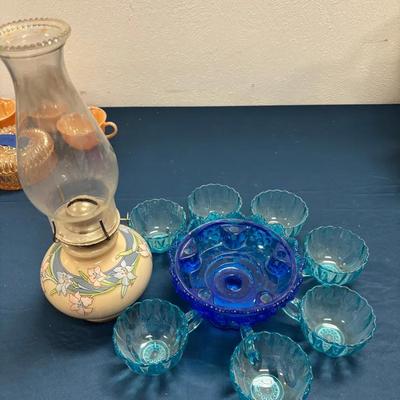 Fenton Blue Berry Bowl & Tea Cups W/ Vintage Floral Kerosene Lamp