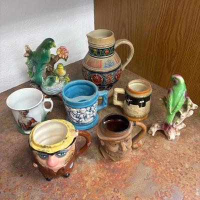 Fun Lot Of Midcentury Mugs, Ceramic Birds, Decorative Pitcher, Some Made In Japan