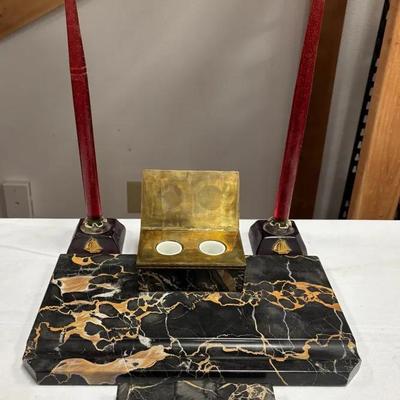Vintage Art Deco Black And Gold Marble Desk Set With Nautical Candle Holders
