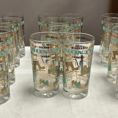 Set Of 18 Libbey Southern Comfort 22kt Gold And Teal Steamboat Souvenir Glasses