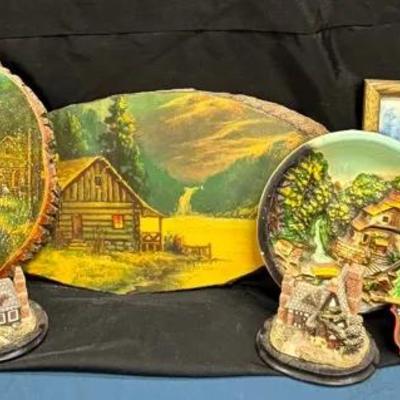 Flathead Lake Wooden Art & Assortment Of Western Art & Miniature Clock
