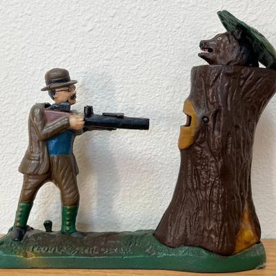 Vintage Teddy And The Bear Cast Iron Mechanical Coin Bank