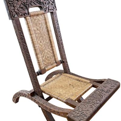 Antique Hand Carved Asian Burmese Teak Folding Side Chairs