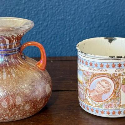 St. Louis 1904 Enamel Souvenir Cup (as Is), Toyo Hand Blown Handled Vase