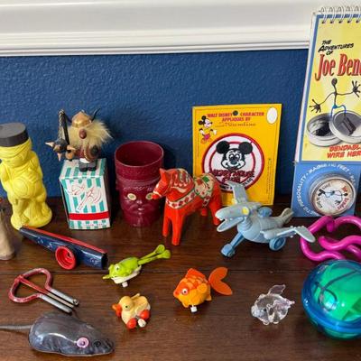 Vintage And Antique Toys - Tin Mouse, Glass Pig, Wind Up Fish And Frog, Mexico Horse, Swedish Viking, And More