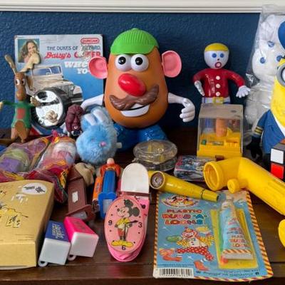 Collection Of Vintage Toys - Dukes Of Hazard Yoyo, Mr. Potato Head, Mr. Bill, Mickey Case, Pez Dispensers