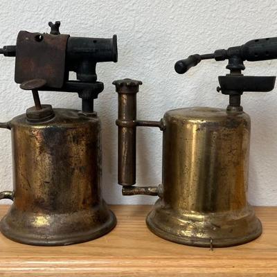 (2) Antique Brass Torches - (1) With Wood Handle