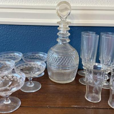 Seagram's Decanter By Tiffany & Co., (5) Etched Compotes, (2) Etched Drinking Glasses, And (4) Footed Flutes