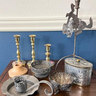Pair Of Baldwin Brass Candle Holders, Hand Made Horse Holder, Wooden Candle, And A Mexico Tin