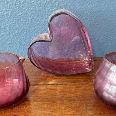 Hand Blown Cranberry Pilgrim Glass Heart Dish, Creamer, And Sugar