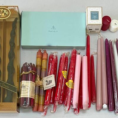 
Lot Of Assorted Decorative Candles - Beeswax Designs, Glow Light, Hand Made Tapers, Party Lite, And More
