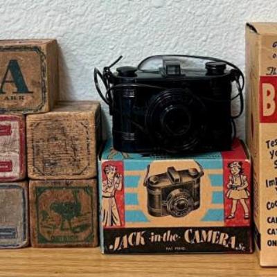 Vintage Toy Lot - Jack In The Camera, Bob-a-loop With Boxes, Spinning Top, And (11) Wood Blocks