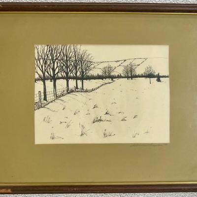 Original 1976 Luanne Ink Landscape In Wood Frame With Glass Front