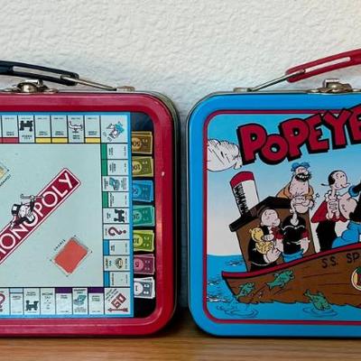 (2) 1997 Miniature Monopoly And Popeye Metal Lunch Boxes