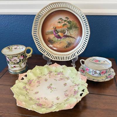 Hand Painted Nippon Cup And Saucer And Moriage Mug With An Austria Tray, Bavaria Pheasant Bowl