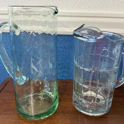 Hand Blown Recycled Green Glass Pitcher, Anchor Hocking Tartan Clear Glass Pitcher