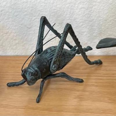 (3) Patina Cast Iron Birds And Grasshopper Figurines