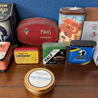 Lot Of Collectible Tins - Buckingham Smoking, Bugler Cigarette Case, Mavis Restorer, And More