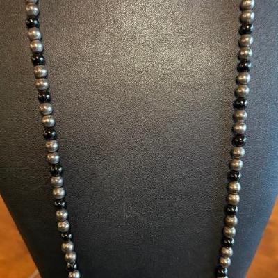 Vintage Sterling Silver & Onyx Ball Bead 30 Inch On Sterling Silver Chain - Total Weight 35.14 Grams