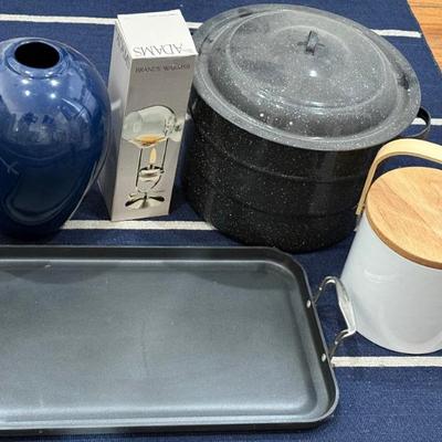 White Ice Bucket, Enamelware Canning Pot, Adams Brandy Warmer, Blue Vase