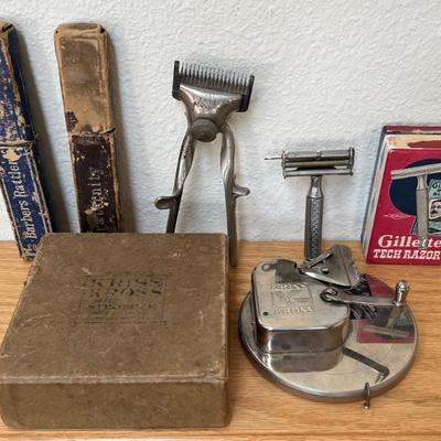 Vintage Barber Lot - Kriss Kross Razor Sharpener IOB, (2) Straight Razor Boxes, Hand Clippers, And More