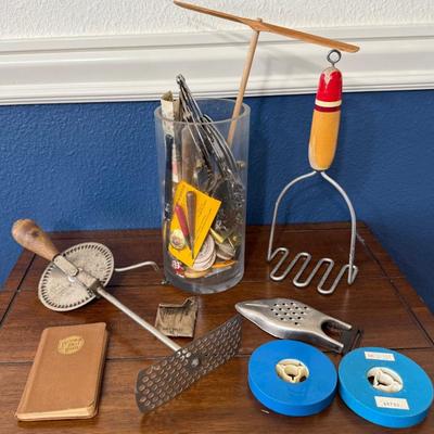 Eclectic Lot - Antique Kitchen Utensils, 8mm Home Movie Reels, Hand Cuffs, Tokens, Buttons, And More