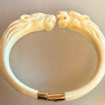 Antique Hand Carved Panther Hinged Bangle Bracelet