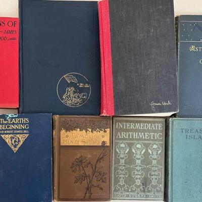 (8) Antique Books - Famous Men Of Science, Treasure Island, Astronomy, War And Remembrance, And More