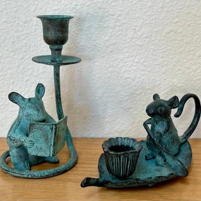 (2) Patina Cast Iron Mouse Reading And Paddling Candle Holders