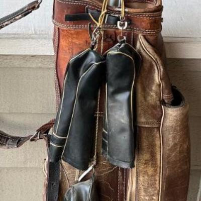 Vintage Leather Golf Bag With 3 Wooden Drivers (as Is)