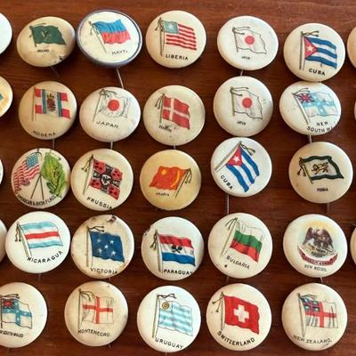(33) 1896 Antique International Flag Pinback Advertising Premium Pins