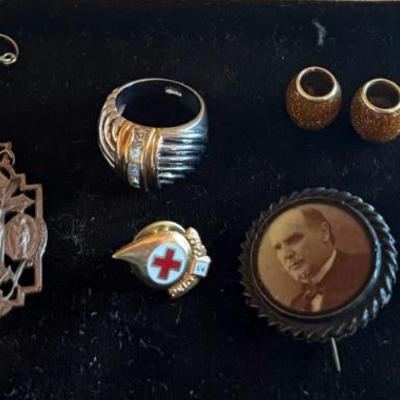 Bartikowski Jewelry Box - Enamel Gold Tone Heart Locket - 18KGE Size 7 Ring - Antique Pin - Religious Pendant