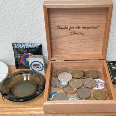 Vintage Assorted Metal And Plastic Casino Chips, Scarlets Ashtray, Metal Lucky Strike Box, Glass Trays