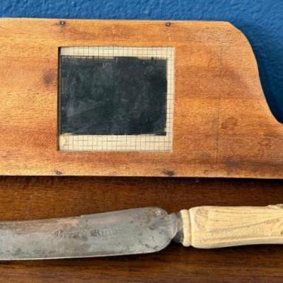 Antique Wood Glass Slide Holder With Slide And Hand Carved Knife