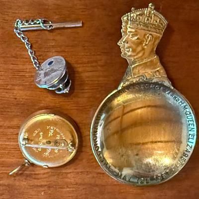 1937 King George & Queen Elizabeth Coronation Tea Cady - Antique Watch Fob - Sterling Silver Tie Tac