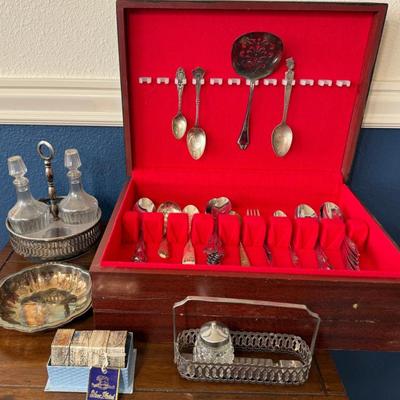 Partial Set Of Stainless Steel Silverware - Cruet Set, Silver Plate Napkin Holders, And More