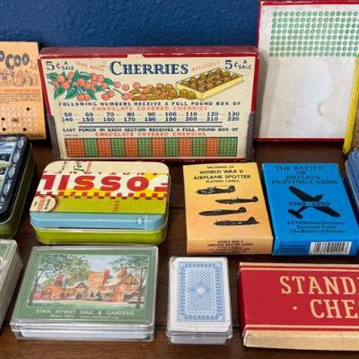 
(2) Vintage Punch Card Games - Cherries And Coocoo - And Assorted Vintage Playing Cards -WWII, MASH Gum Cards